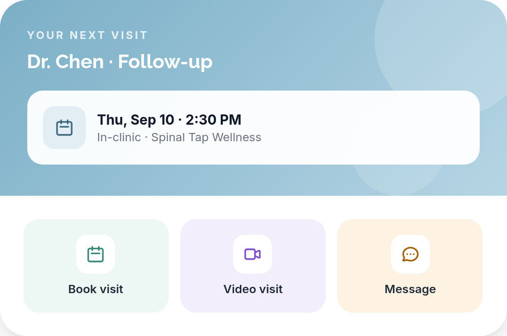 A patient's next-visit card with one-tap booking, video visit, and message actions.