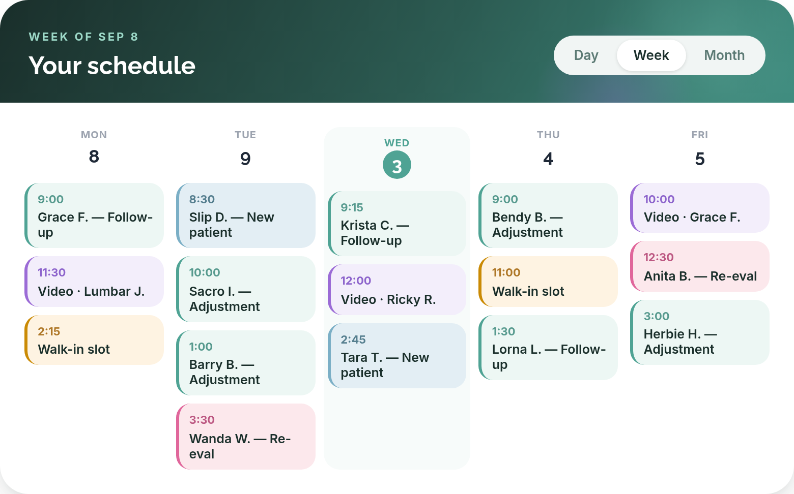A colour-coded weekly schedule — each visit type in its own colour, today's column highlighted.